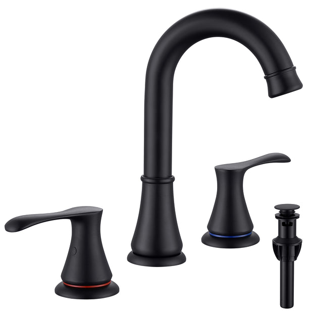 Black Matte 2 Handle Widespread Bathroom Faucet, 3 Hole Bathroom Sink Faucet with Drain and Supply Hose