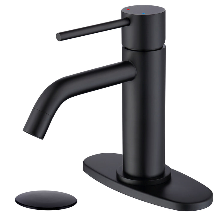 Matte Black Bathroom Faucet Single Hole, Brass Single Handle Bathroom Sink Faucets with Pop Up Drain and 6 inch Deck Plate and cUPC Water Supply Hose