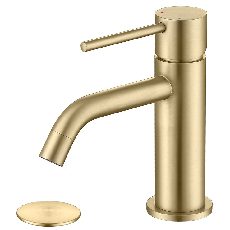 Brushed Gold Bathroom Faucet, Single Handle Brass Sink Faucet Bathroom Single Hole with Pop Up Sink Drain Assembly and Water Faucet Supply Lines