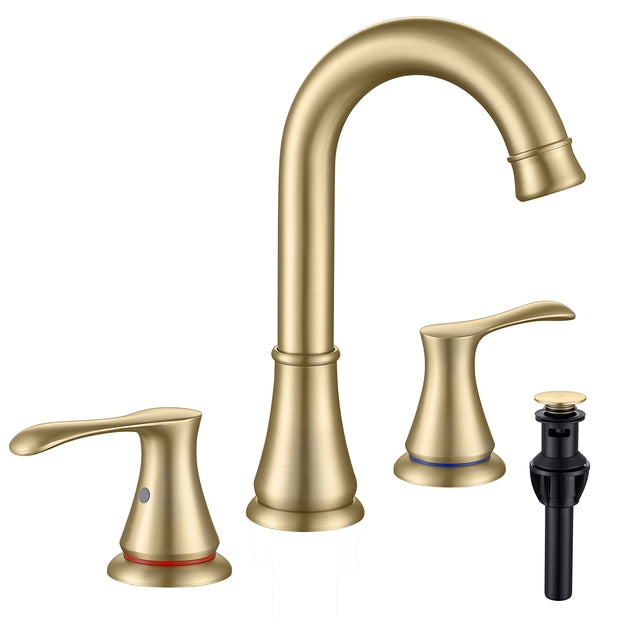 Widespread 2 handles 3 Hole Brushed Gold Bathroom Faucet for Sink with Pop Up Drain (With Over Flow) and Supply Hose