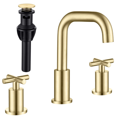 Gold Bathroom Faucet for Sink 3 Hole, X Handle Design Double Handle Widespread Bathroom Sink Faucet with Pop Up Drain and Supply Hose