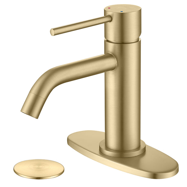 Brushed Gold Bathroom Faucet Single Hole, Brass Single Handle Bathroom Sink Faucet with Pop Up Drain Assembly and 6 inch Deck Plate