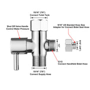 T Valve for Bidet with Shut-off Valve, Brass Chrome Bidet T Adapter for Toilet 7/8” X 7/8” X 1/2 or 3/8”