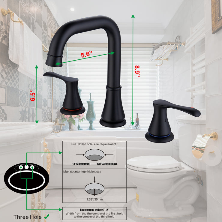 3 Hole Bathroom Faucet Black, Widespread Bathroom Faucet for Sink 3 Hole with Drain and cUPC Supply Hose