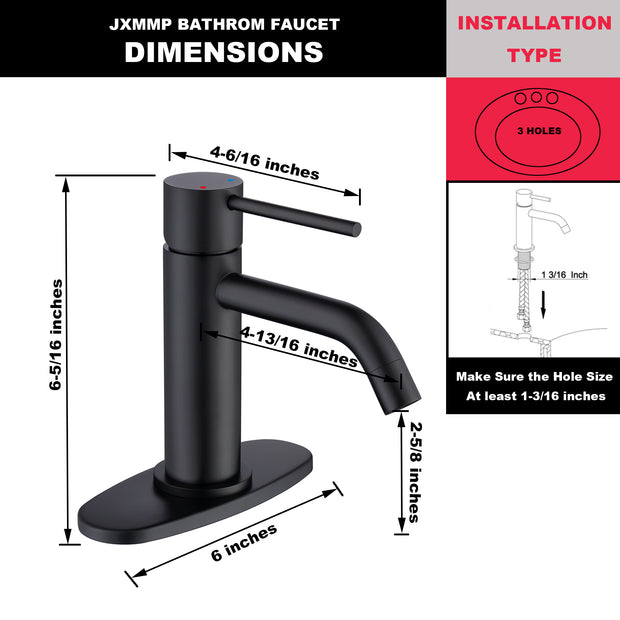Matte Black Bathroom Faucet Single Hole, Brass Single Handle Bathroom Sink Faucets with Pop Up Drain and 6 inch Deck Plate and cUPC Water Supply Hose