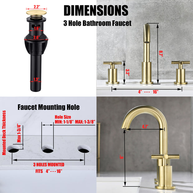 Brushed Gold 8 Inches 2 Handles Widespread Bathroom Faucet, Gold 3 Hole Faucet for Bathroom Sink with Drain and Hose