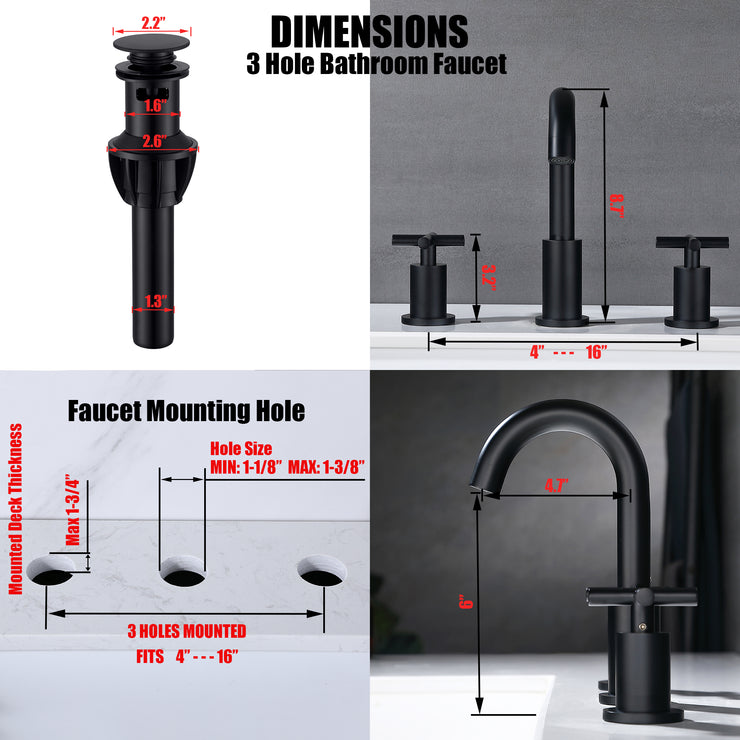 Matte Black 3 Hole Bathroom Sink Faucet 2 Handle, X Design Double Handles Widespread Bathroom Faucet with Pop Up Drain and Supply Hose