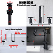 Black 3 Holes Widespread Bathroom Sink Faucet, 2 Handles Faucet for Bathroom Sink with Drain and cUPC Supply Hose