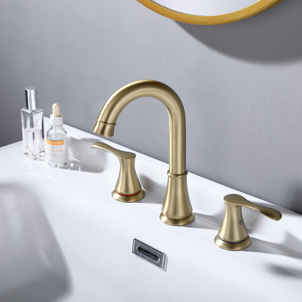 Widespread 2 handles 3 Hole Brushed Gold Bathroom Faucet for Sink with Pop Up Drain (With Over Flow) and Supply Hose