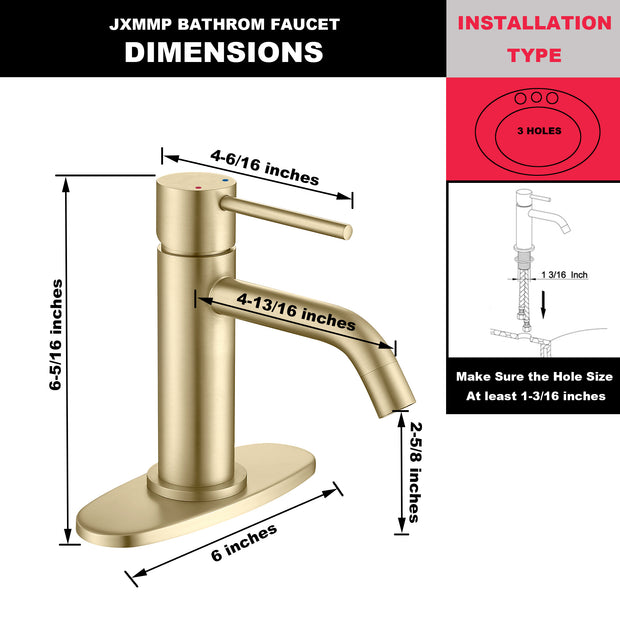 Brushed Gold Bathroom Faucet Single Hole, Brass Single Handle Bathroom Sink Faucet with Pop Up Drain Assembly and 6 inch Deck Plate