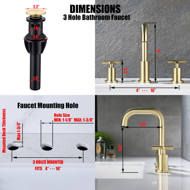 Gold Bathroom Faucet for Sink 3 Hole, X Handle Design Double Handle Widespread Bathroom Sink Faucet with Pop Up Drain and Supply Hose