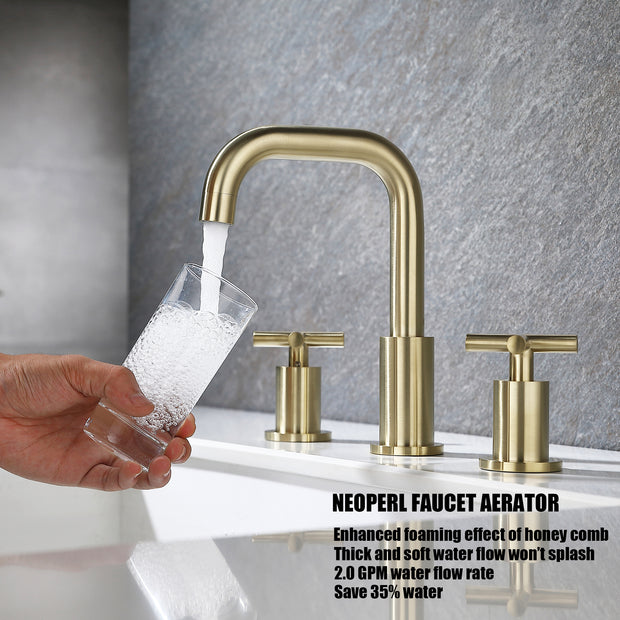 Gold Bathroom Faucet for Sink 3 Hole, X Handle Design Double Handle Widespread Bathroom Sink Faucet with Pop Up Drain and Supply Hose