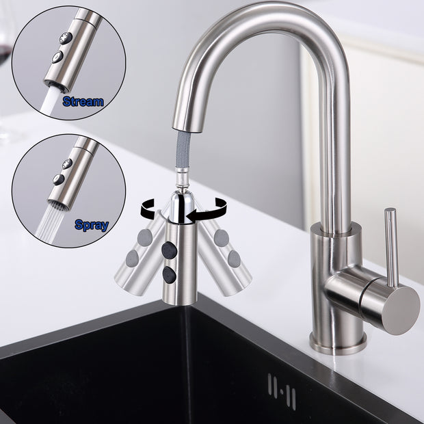 Bar Faucet with Pull Out Sprayer Single Hole, Single Handle Stainless Steel Brushed Nickel Bar Sink Faucets with Sprayer, Modern Small Kitchen Sink Faucet with cUPC Supply Hose