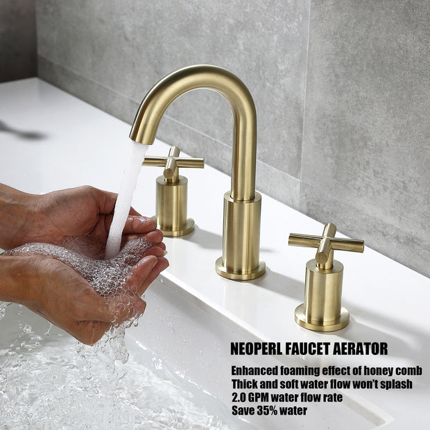 Brushed Gold 8 Inches 2 Handles Widespread Bathroom Faucet, Gold 3 Hole Faucet for Bathroom Sink with Drain and Hose