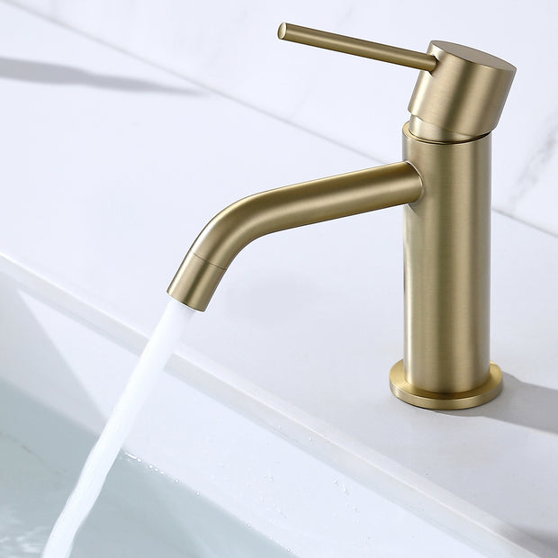 Brushed Gold Bathroom Faucet, Single Handle Brass Sink Faucet Bathroom Single Hole with Pop Up Sink Drain Assembly and Water Faucet Supply Lines