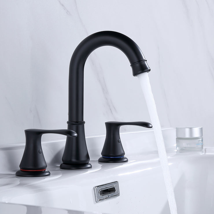 Black Matte 2 Handle Widespread Bathroom Faucet, 3 Hole Bathroom Sink Faucet with Drain and Supply Hose
