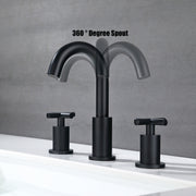 Matte Black 3 Hole Bathroom Sink Faucet 2 Handle, X Design Double Handles Widespread Bathroom Faucet with Pop Up Drain and Supply Hose