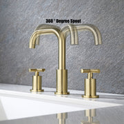 Gold Bathroom Faucet for Sink 3 Hole, X Handle Design Double Handle Widespread Bathroom Sink Faucet with Pop Up Drain and Supply Hose