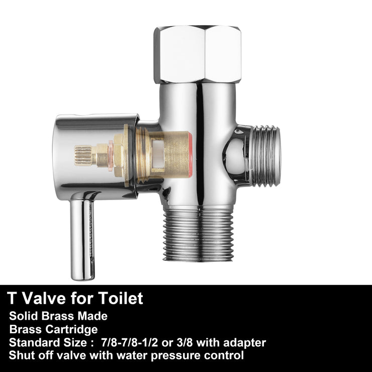 T Valve for Bidet with Shut-off Valve, Brass Chrome Bidet T Adapter for Toilet 7/8” X 7/8” X 1/2 or 3/8”