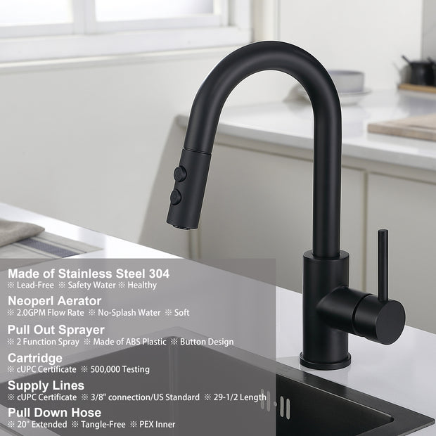 Bar Faucet with Pull Out Sprayer Single Hole Matte Black, Single Handle Stainless Steel Bar Sink Faucets with Sprayer, Modern Small Kitchen Sink Faucet with cUPC Supply Hose