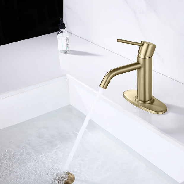 Brushed Gold Bathroom Faucet Single Hole, Brass Single Handle Bathroom Sink Faucet with Pop Up Drain Assembly and 6 inch Deck Plate
