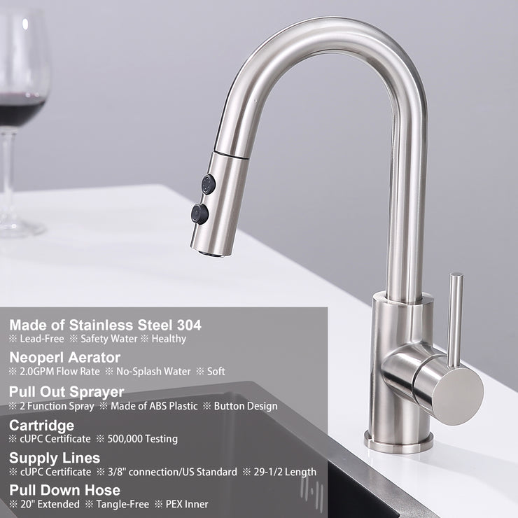 Bar Faucet with Pull Out Sprayer Single Hole, Single Handle Stainless Steel Brushed Nickel Bar Sink Faucets with Sprayer, Modern Small Kitchen Sink Faucet with cUPC Supply Hose