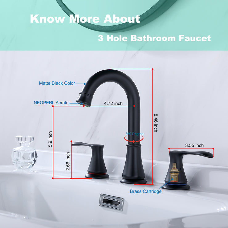 Black Matte 2 Handle Widespread Bathroom Faucet, 3 Hole Bathroom Sink Faucet with Drain and Supply Hose