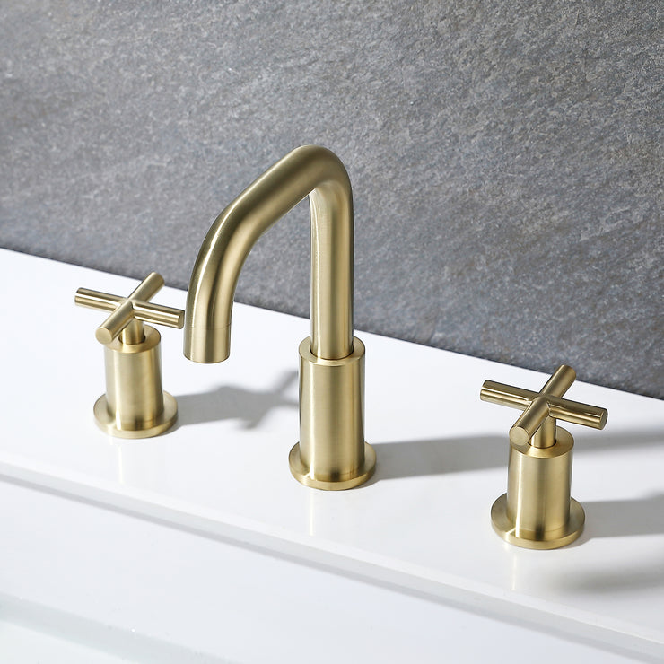 Gold Bathroom Faucet for Sink 3 Hole, X Handle Design Double Handle Widespread Bathroom Sink Faucet with Pop Up Drain and Supply Hose
