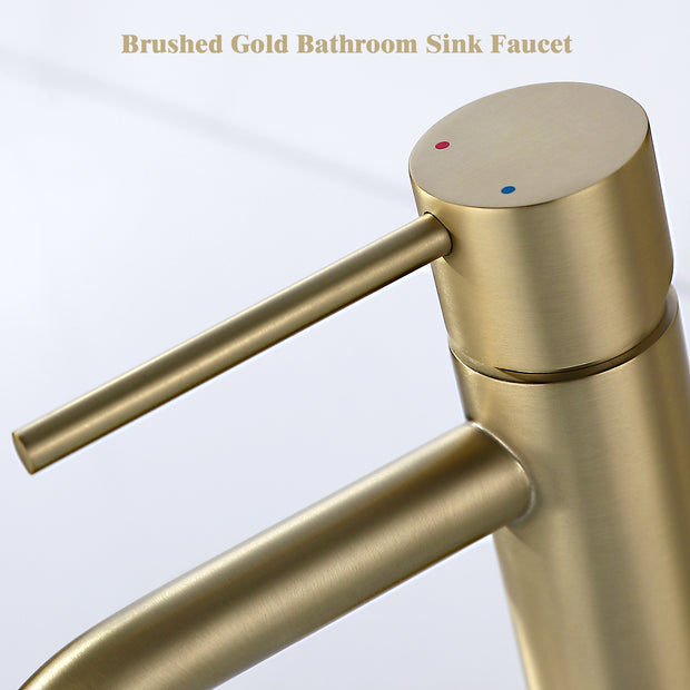 Brushed Gold Bathroom Faucet, Single Handle Brass Sink Faucet Bathroom Single Hole with Pop Up Sink Drain Assembly and Water Faucet Supply Lines