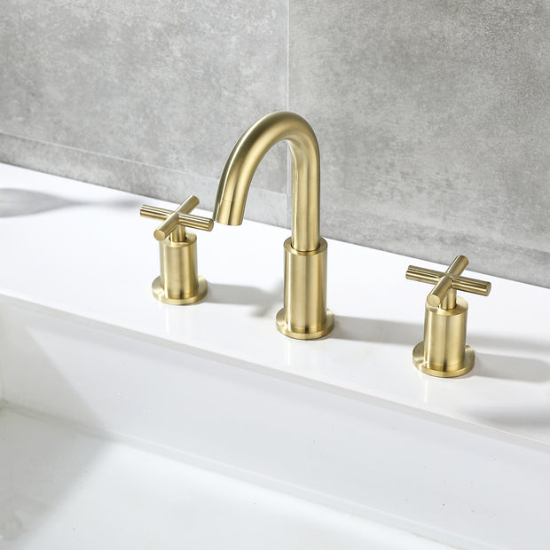 Brushed Gold 8 Inches 2 Handles Widespread Bathroom Faucet, Gold 3 Hole Faucet for Bathroom Sink with Drain and Hose