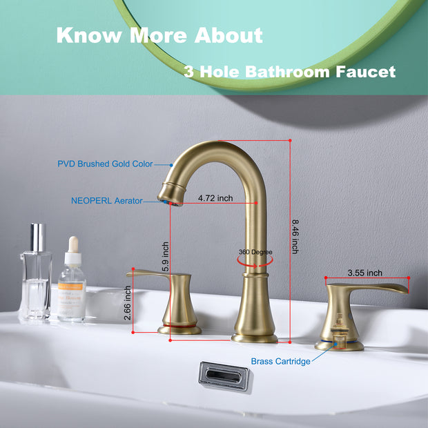 Widespread 2 handles 3 Hole Brushed Gold Bathroom Faucet for Sink with Pop Up Drain (With Over Flow) and Supply Hose