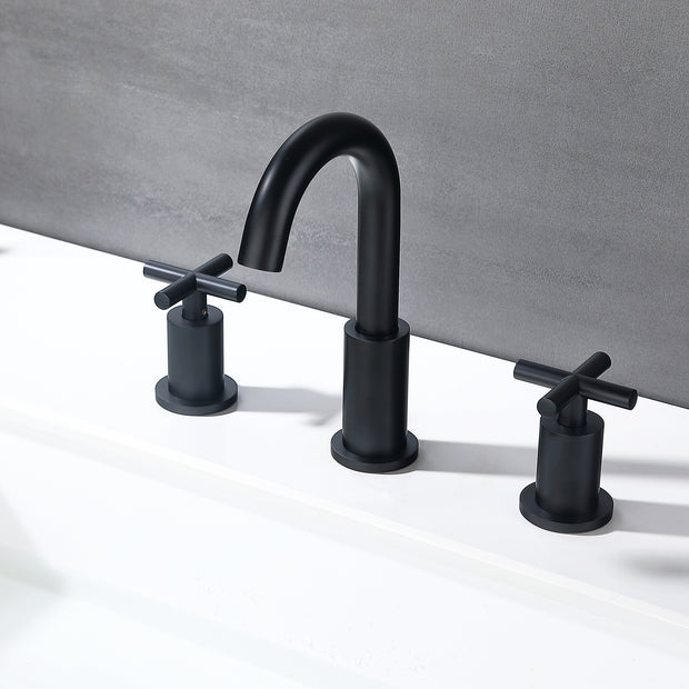 Matte Black 3 Hole Bathroom Sink Faucet 2 Handle, X Design Double Handles Widespread Bathroom Faucet with Pop Up Drain and Supply Hose