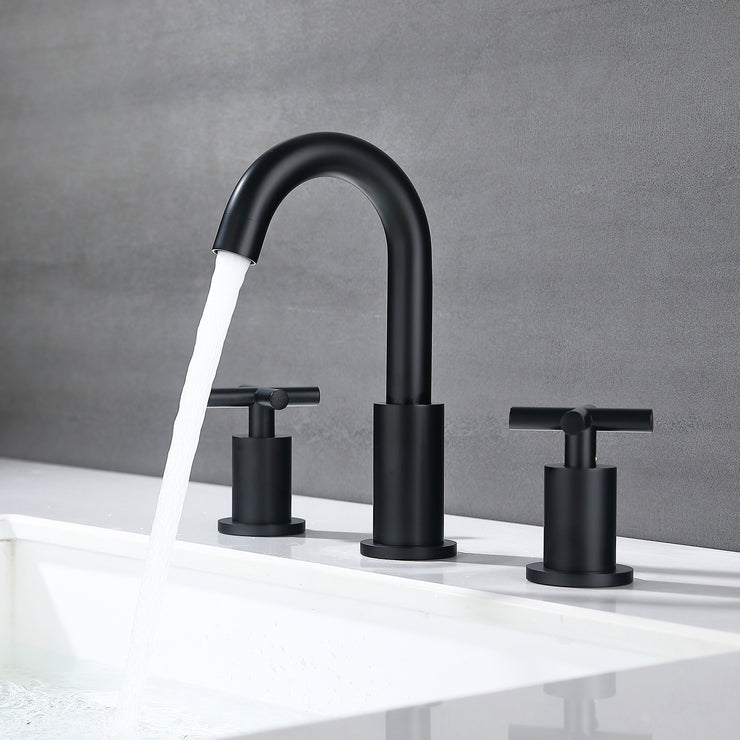 Matte Black 3 Hole Bathroom Sink Faucet 2 Handle, X Design Double Handles Widespread Bathroom Faucet with Pop Up Drain and Supply Hose