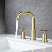 Gold Bathroom Faucet for Sink 3 Hole, X Handle Design Double Handle Widespread Bathroom Sink Faucet with Pop Up Drain and Supply Hose