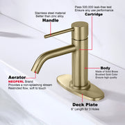 Brushed Gold Bathroom Faucet Single Hole, Brass Single Handle Bathroom Sink Faucet with Pop Up Drain Assembly and 6 inch Deck Plate