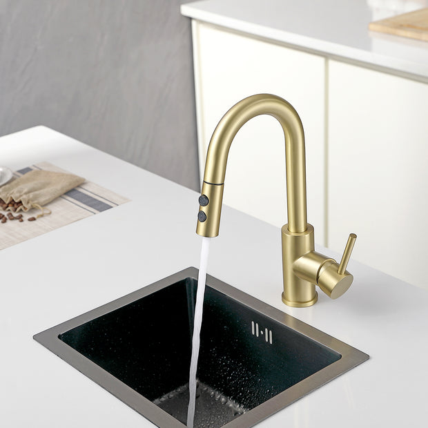 Bar Faucet with Sprayer Single Hole, Single Handle Stainless Steel Bar Sink Faucets with Pull Out Sprayer, Modern Brushed Gold Mini Kitchen Faucet with cUPC Supply Hose