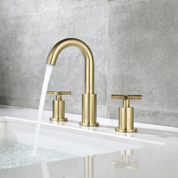 Brushed Gold 8 Inches 2 Handles Widespread Bathroom Faucet, Gold 3 Hole Faucet for Bathroom Sink with Drain and Hose