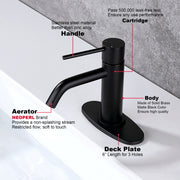 Matte Black Bathroom Faucet Single Hole, Brass Single Handle Bathroom Sink Faucets with Pop Up Drain and 6 inch Deck Plate and cUPC Water Supply Hose