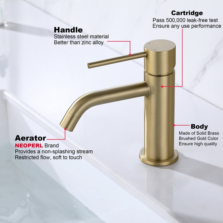 Brushed Gold Bathroom Faucet, Single Handle Brass Sink Faucet Bathroom Single Hole with Pop Up Sink Drain Assembly and Water Faucet Supply Lines